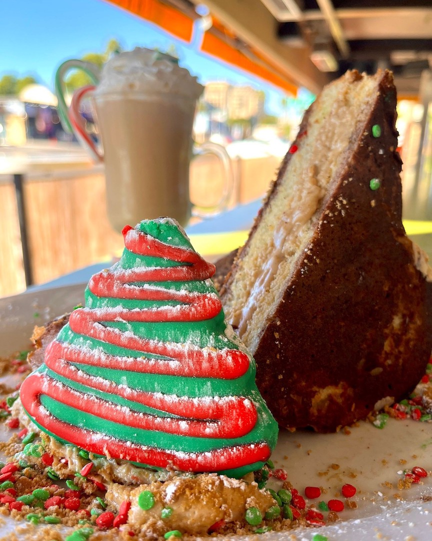 Jolly Gingerbread Stuffed French Toast on a plate with a gingerbread cookie.