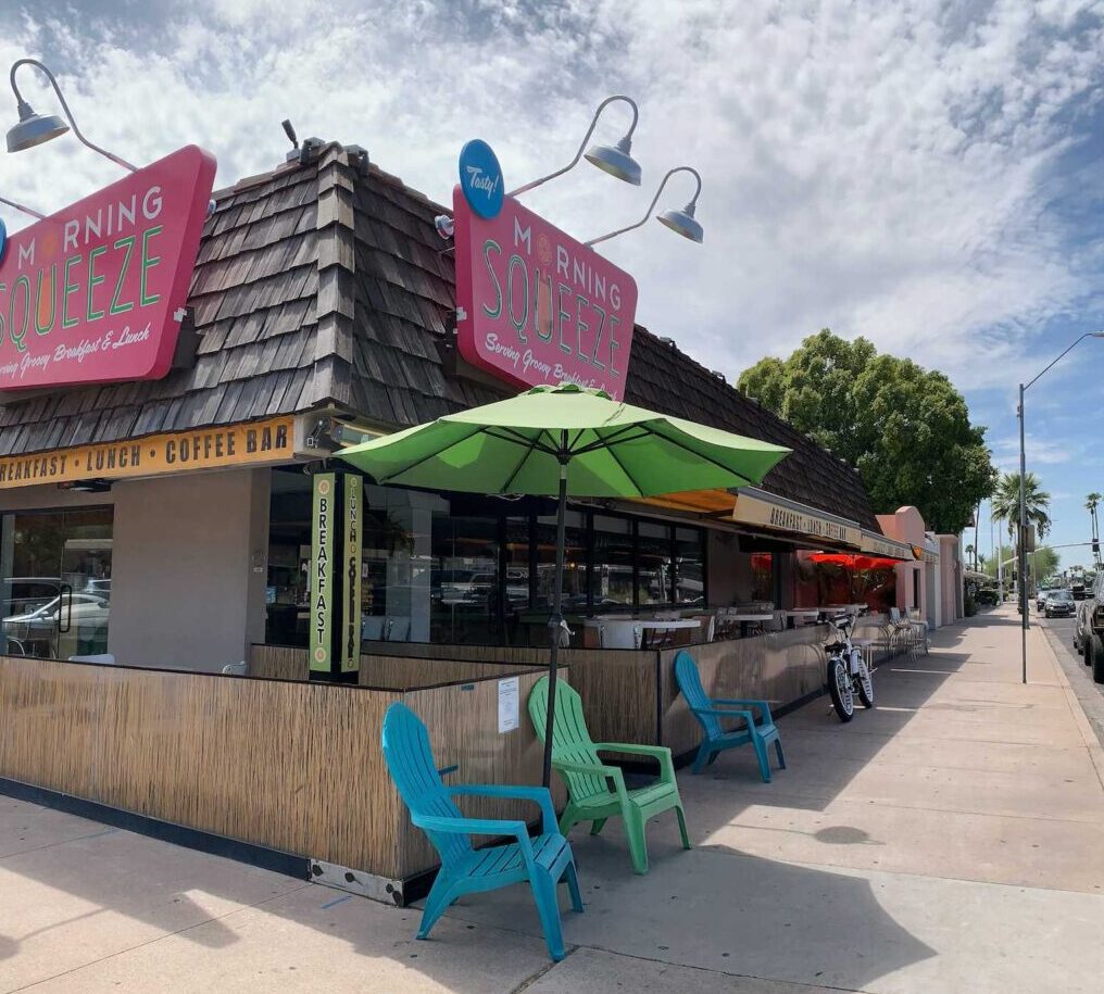 Exterior view of Morning Squeeze Scottsdale on the corner of Scottsdale Road and 4th Avenue.