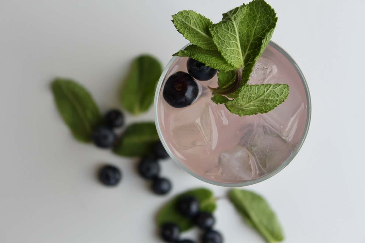 overhead view of the blueberry mint gin and tonic.