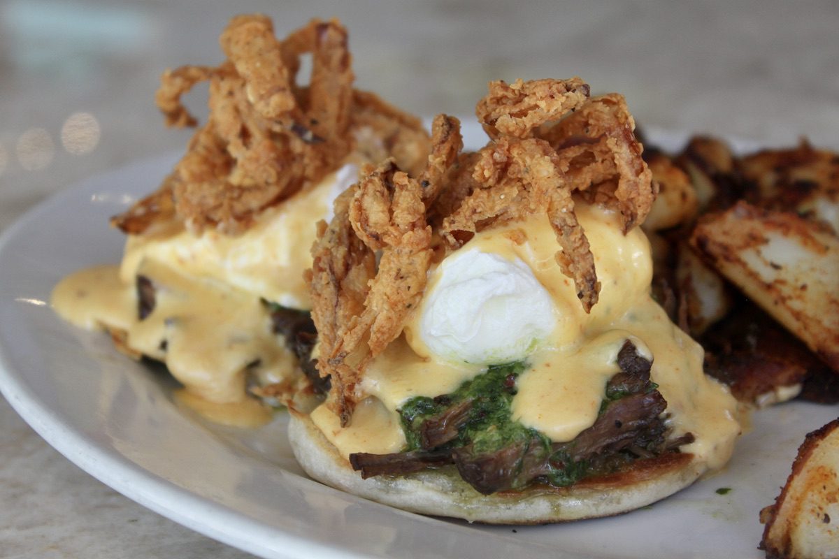 July weekend special, the braised short rib eggs benedict topped with crispy onions.