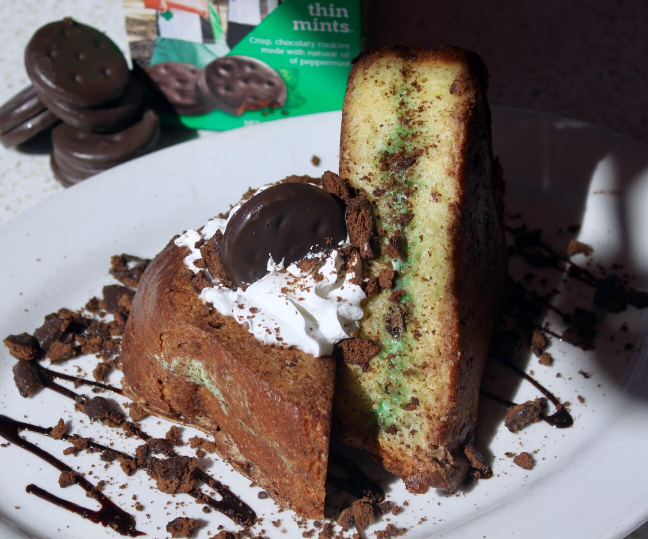Slices of Thin MInt Stuffed French Toast on a plate.
