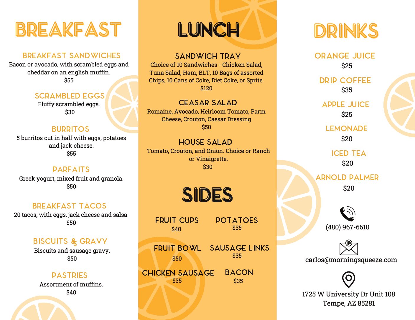 Morning Squeeze Catering Menu