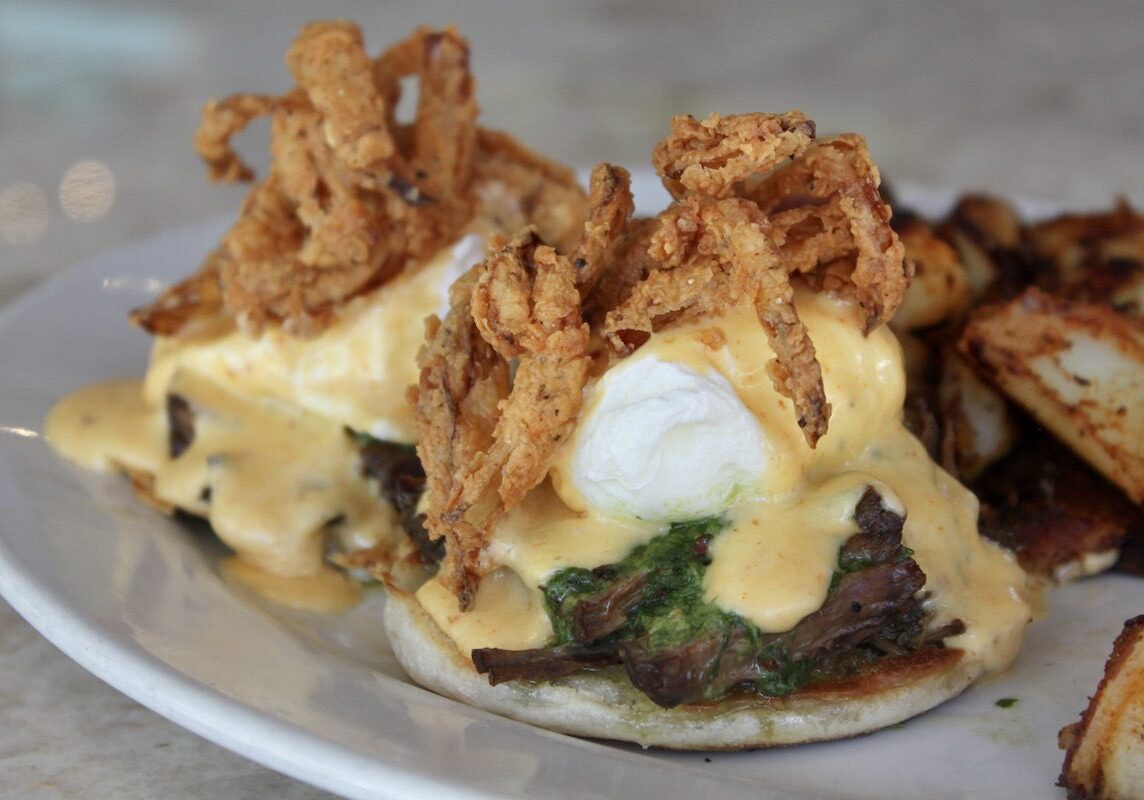 July weekend special, the braised short rib eggs benedict topped with crispy onions.